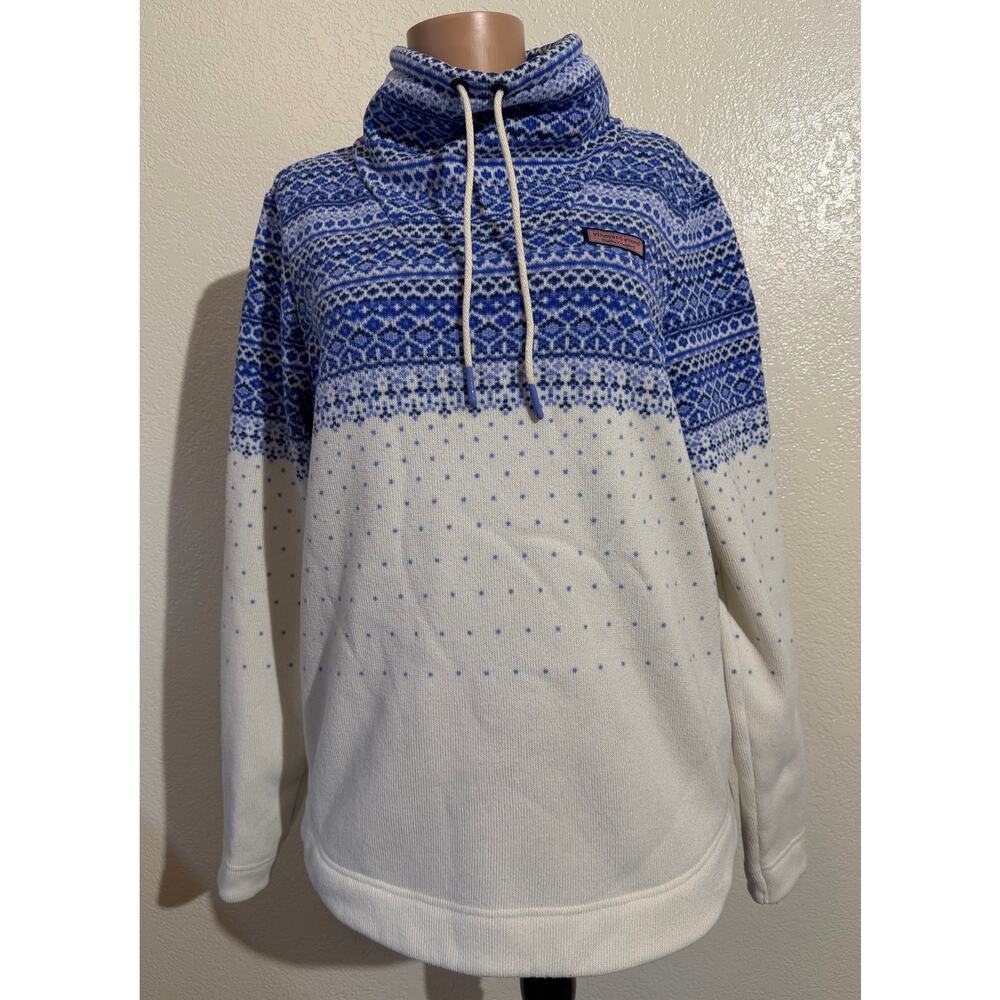 Vineyard Vines Women's Blue White Fair Isle Cowl Neck Fleece Sweater - MEDIUM